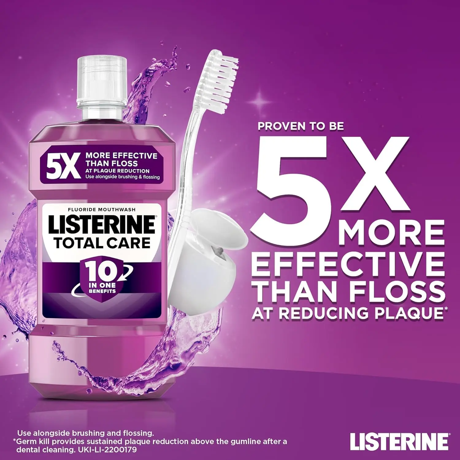 Listerine Total Care mouthwash provides 12-hour germ protection, freshens breath, strengthens teeth, protects gums, and reduces plaque.