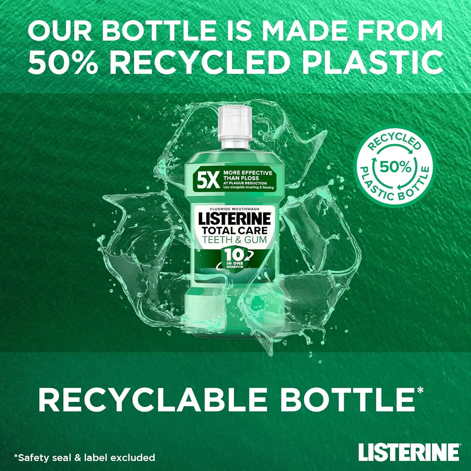 Listerine Total Care mouthwash in a 500ml bottle offers 10-in-1 benefits for total oral care, helping to reduce plaque, freshen breath, prevent tartar build-up, and strengthen teeth.