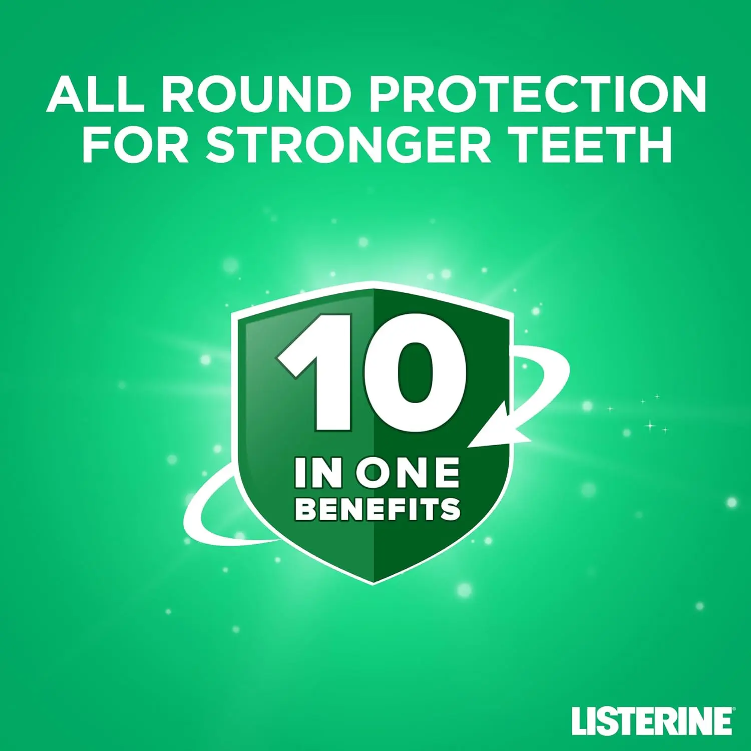 Listerine Total Care mouthwash in a 500ml bottle offers 10-in-1 benefits for total oral care, helping to reduce plaque, freshen breath, prevent tartar build-up, and strengthen teeth.