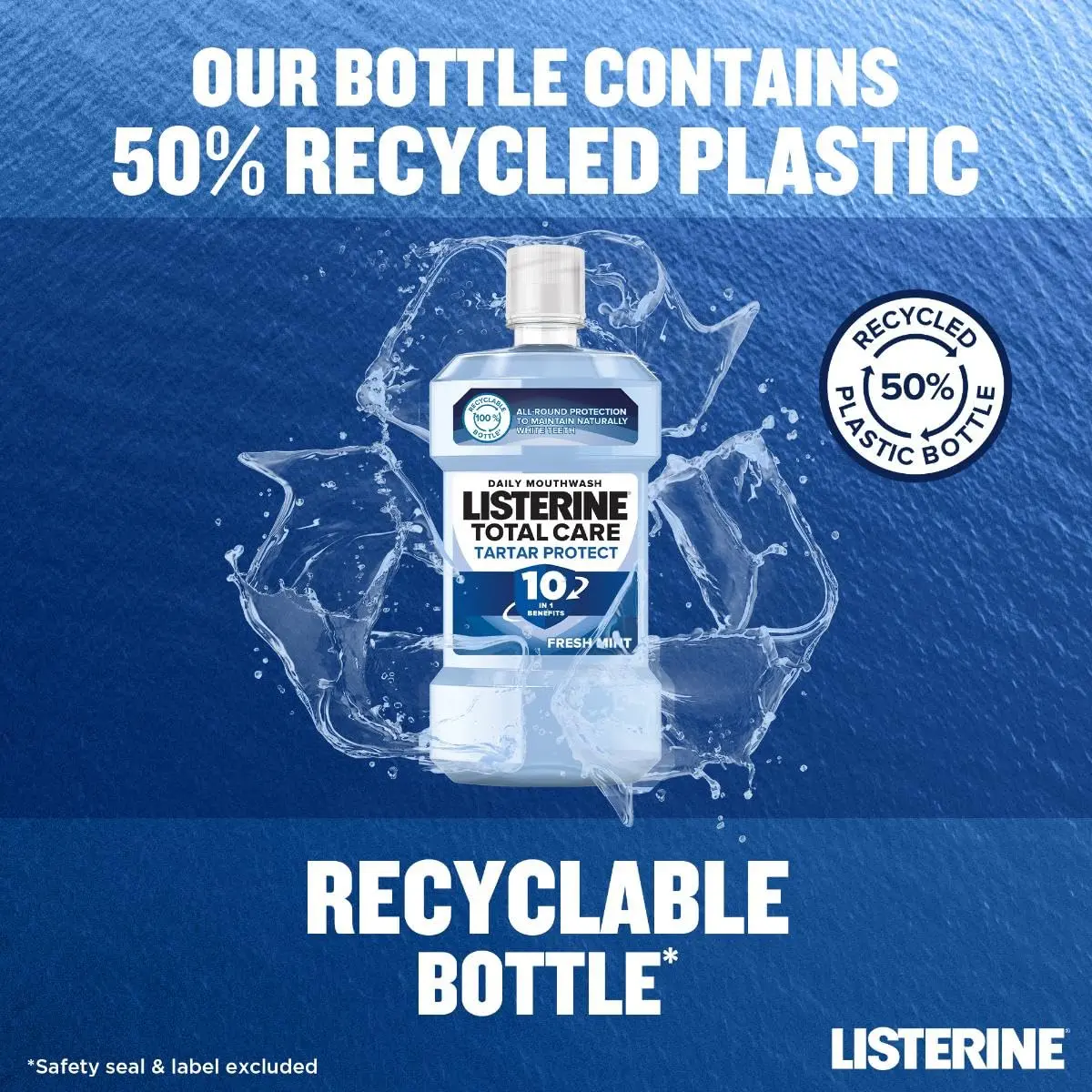 Listerine Total Care Tartar Protect Arctic Mint mouthwash provides 12-hour germ protection, prevents tartar buildup, and strengthens teeth for a naturally white smile.