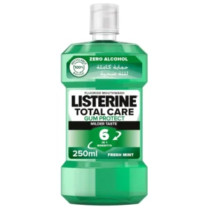 Listerine Total Care Gum Protect mouthwash with fresh mint flavor provides 12-hour germ protection, strengthens teeth, and helps prevent cavities and gum disease.