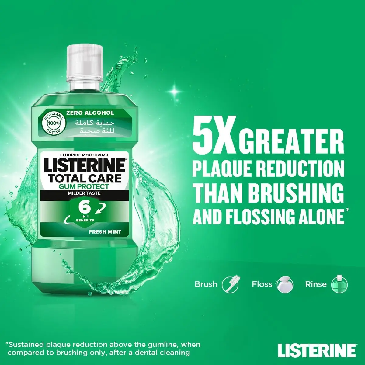 Listerine Total Care Gum Protect mouthwash with fresh mint flavor provides 12-hour germ protection, strengthens teeth, and helps prevent cavities and gum disease.