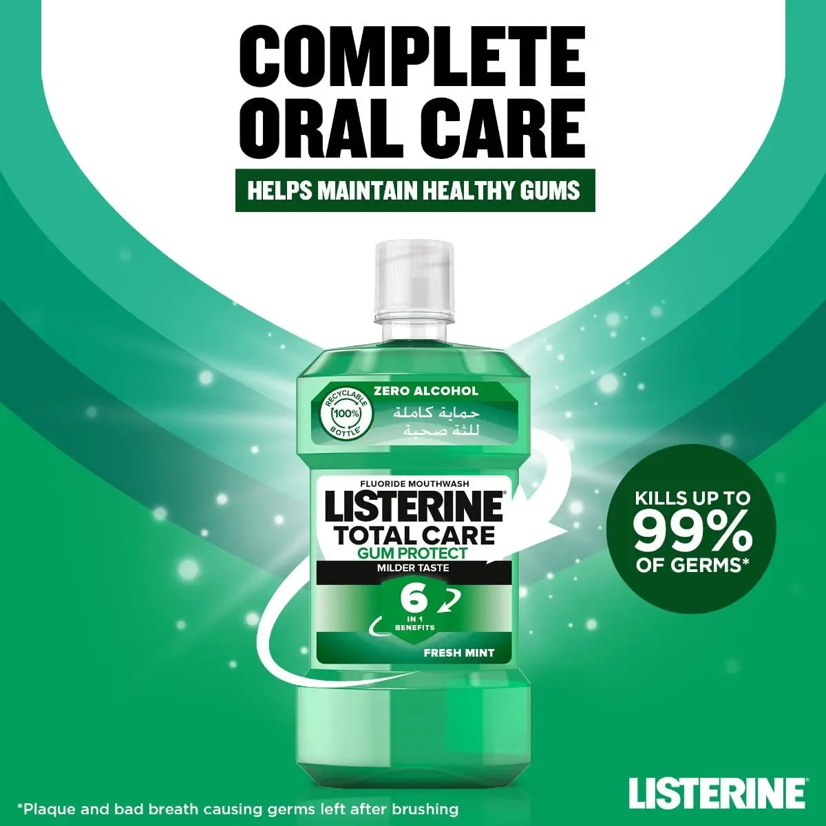 Listerine Total Care Gum Protect mouthwash with fresh mint flavor provides 12-hour germ protection, strengthens teeth, and helps prevent cavities and gum disease.