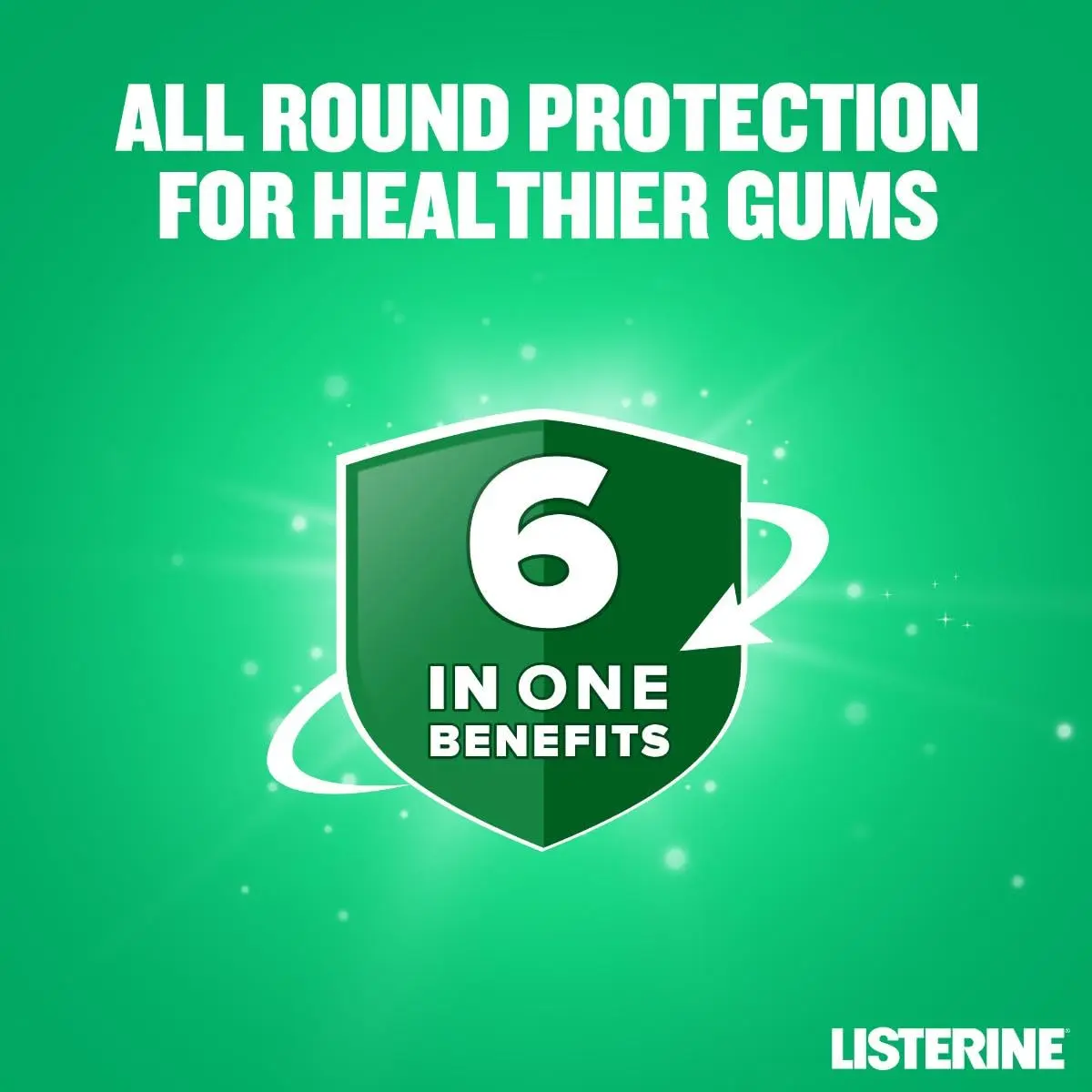 Listerine Total Care Gum Protect mouthwash with fresh mint flavor provides 12-hour germ protection, strengthens teeth, and helps prevent cavities and gum disease.