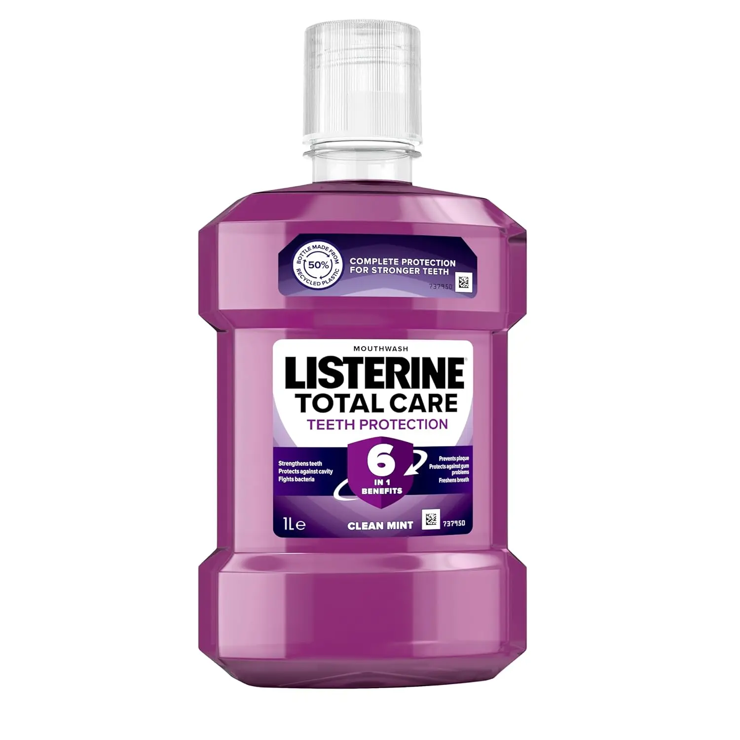 Bottle of Listerine Total Care Clean Mint mouthwash providing 10-in-1 benefits, killing 97% of germs, and offering 12-hour protection.