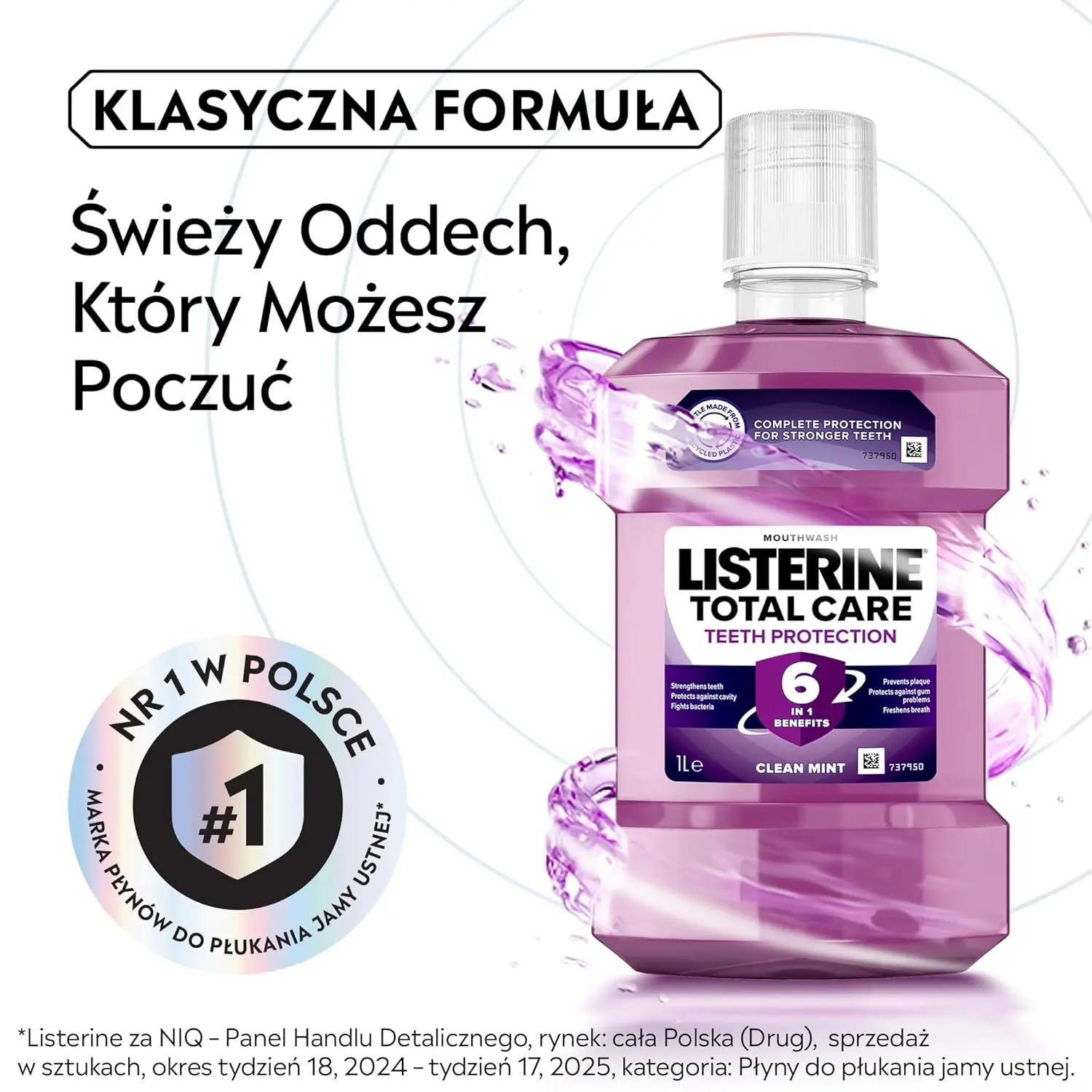 Bottle of Listerine Total Care Clean Mint mouthwash providing 10-in-1 benefits, killing 97% of germs, and offering 12-hour protection.