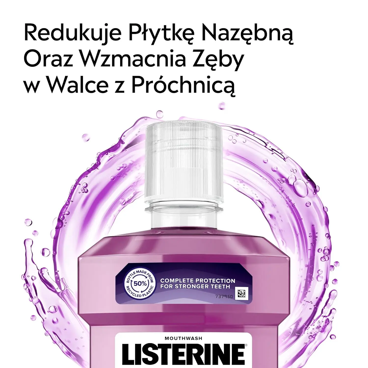 Bottle of Listerine Total Care Clean Mint mouthwash providing 10-in-1 benefits, killing 97% of germs, and offering 12-hour protection.