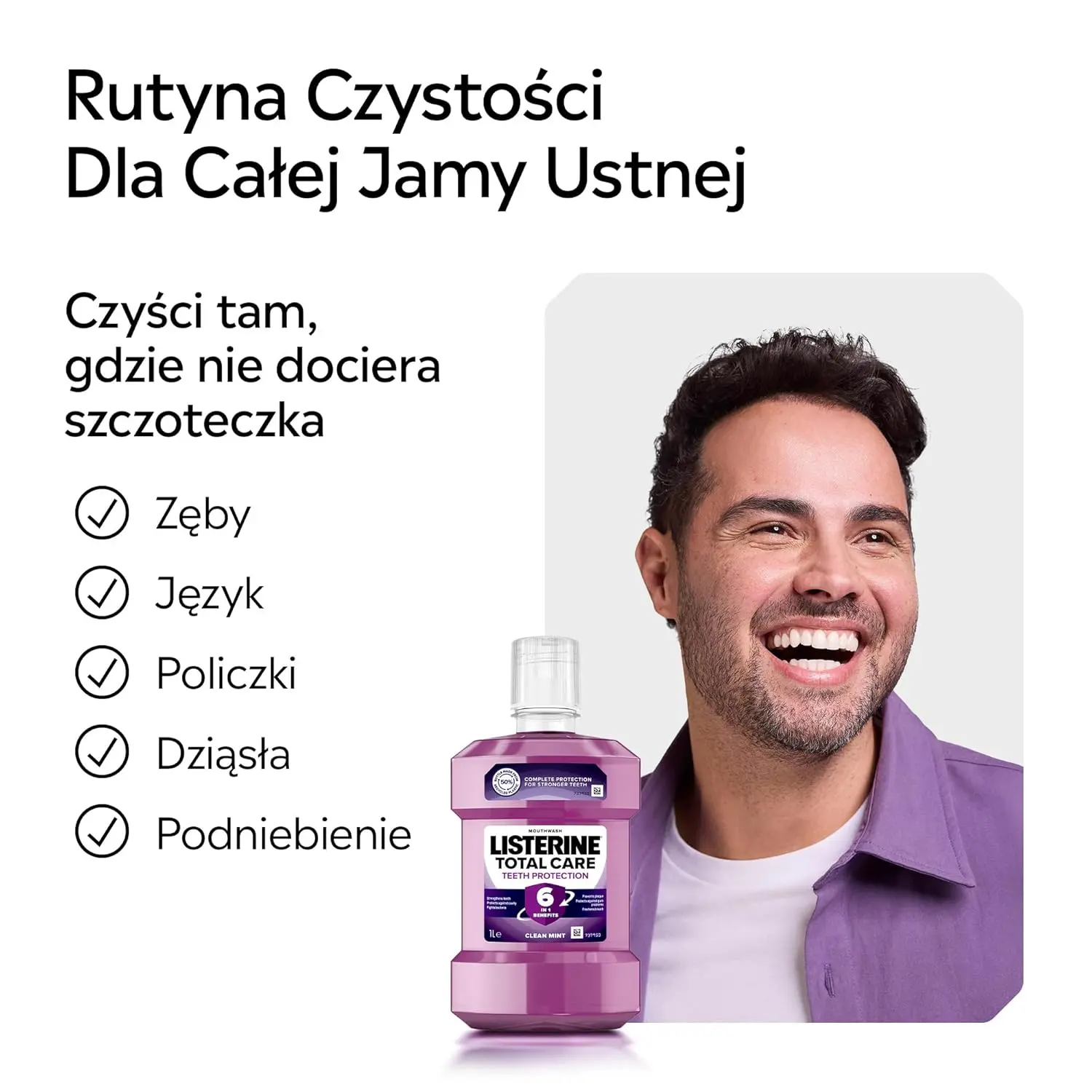 Bottle of Listerine Total Care Clean Mint mouthwash providing 10-in-1 benefits, killing 97% of germs, and offering 12-hour protection.