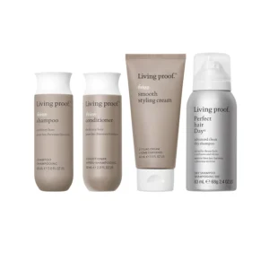 Living Proof travel-size frizz-free hair kit with shampoo, conditioner, styling cream, and dry shampoo delivers 3x smoother, soft, shiny, more manageable hair with heat protection and humidity resistance.