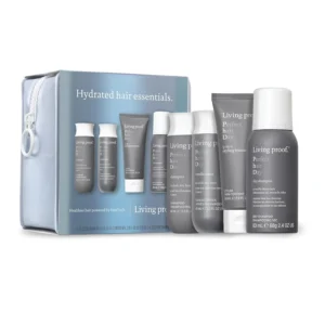 Living Proof Hydrated Hair Essentials Kit including shampoo, conditioner, styling treatment, and dry shampoo provides 72-hour hydration, heat protection, and volume while removing buildup and controlling frizz.
