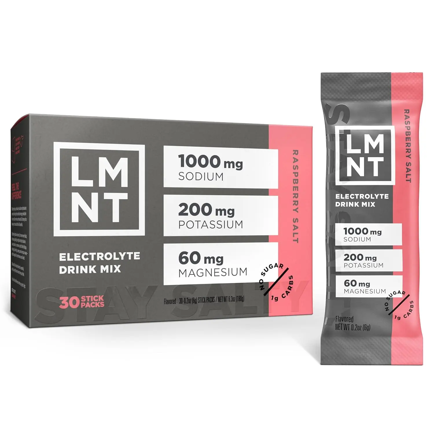 LMNT Raspberry Salt electrolyte powder packets provide optimal hydration with a science-backed ratio of sodium, potassium, and magnesium, perfect for keto, low-carb diets, and active lifestyles.