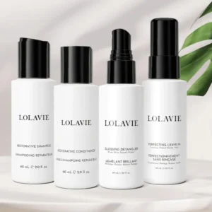 This LolaVie travel hair kit includes four TSA-approved, 2.0 oz hair care products designed to revitalize, repair, cleanse, and protect all hair types with vegan and cruelty-free formulas.