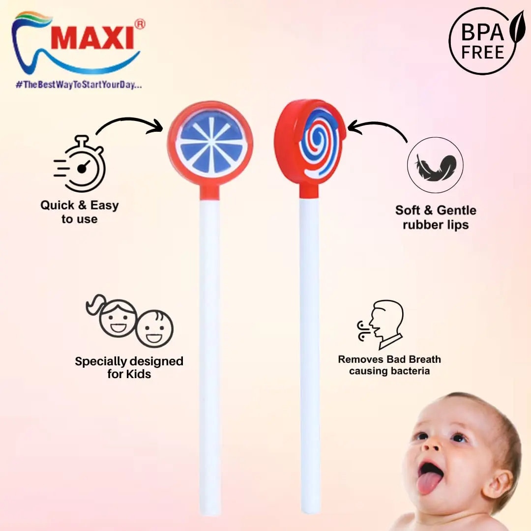 This 4-pack of MAXI Lollipop Tongue Cleaners features soft, gentle rubber lips to easily and gently clean a child's tongue, maintaining oral hygiene for babies and toddlers aged 6+ months.