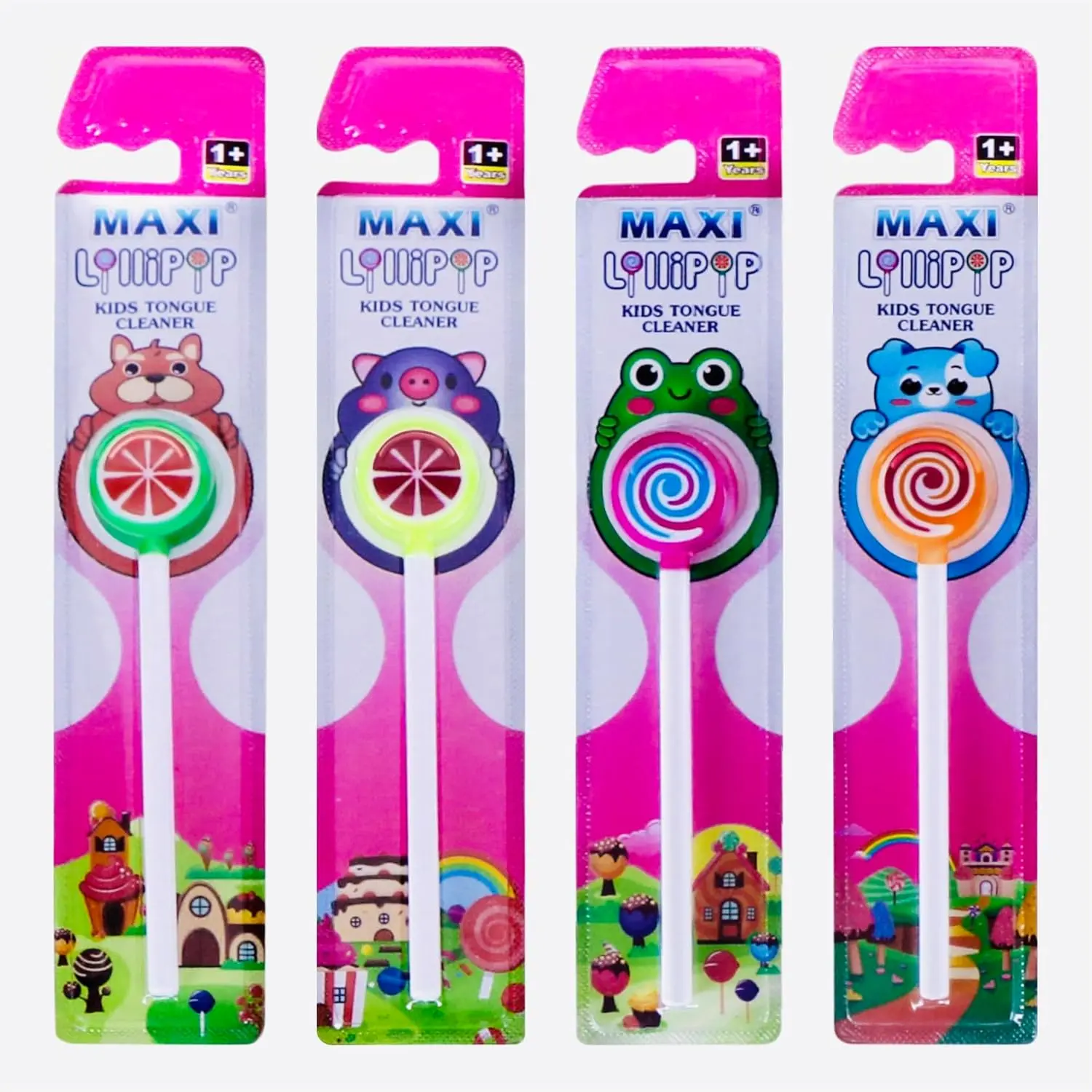 This 4-pack of MAXI Lollipop Tongue Cleaners features soft, gentle rubber lips to easily and gently clean a child's tongue, maintaining oral hygiene for babies and toddlers aged 6+ months.
