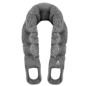 Grey long heating pad filled with natural grains providing moist heat therapy for neck and shoulder pain relief with ergonomic design and handles.