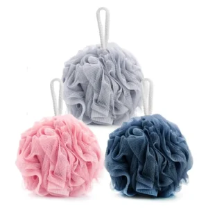 This image displays a vibrant 3-pack of MOMENT loofah bath sponges designed to gently exfoliate and cleanse skin leaving it smooth, silky, and refreshed.