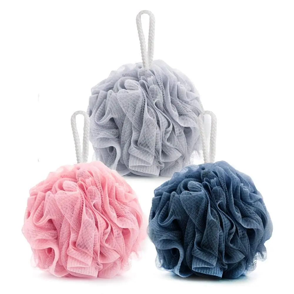 This image displays a vibrant 3-pack of MOMENT loofah bath sponges designed to gently exfoliate and cleanse skin leaving it smooth, silky, and refreshed.