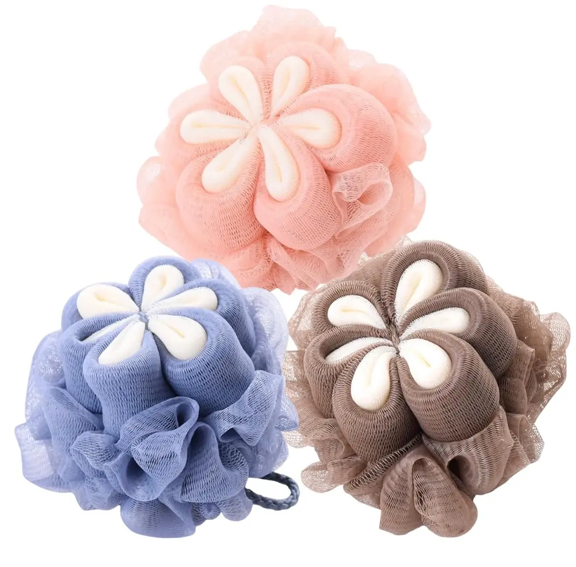 This is a 3 pack of MOMENT loofah bath sponges designed for exfoliating and cleansing the body, featuring soft mesh and long handles for easy use in the shower.