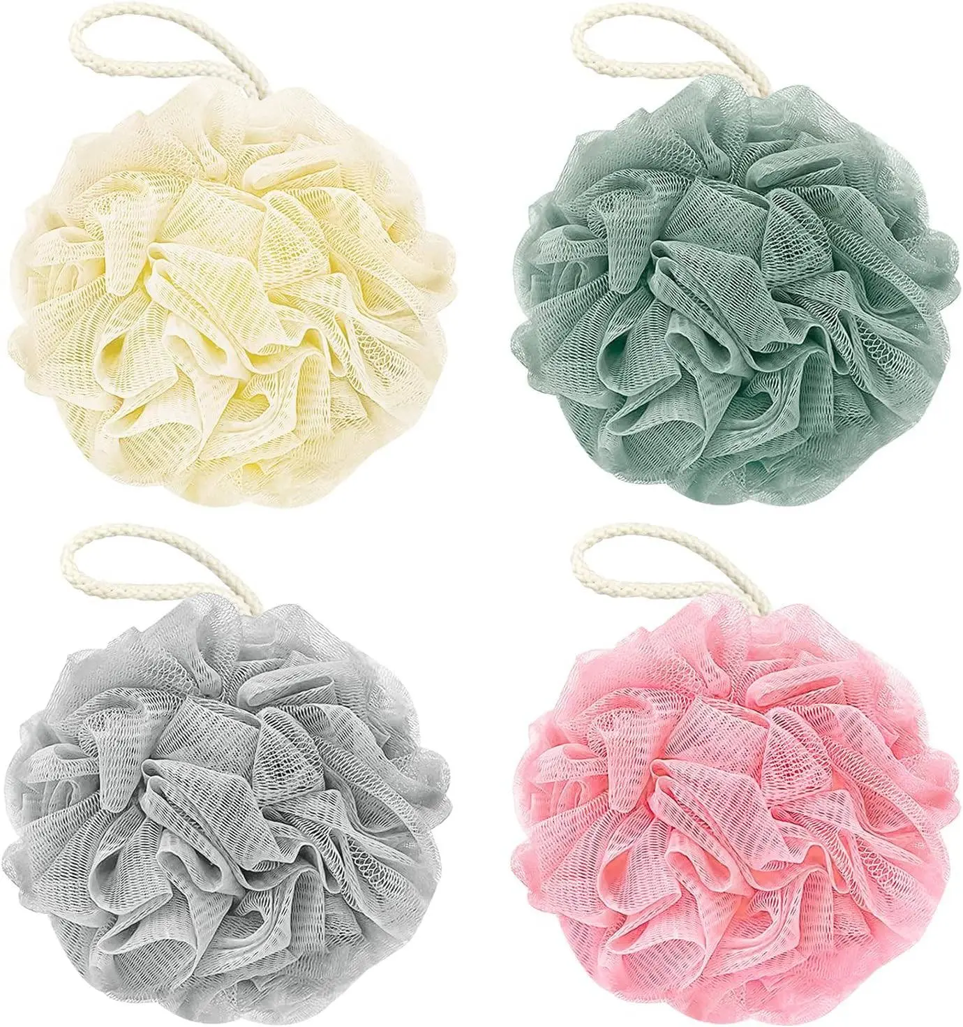 This four pack of colorful loofah bath sponges are soft mesh shower puffs perfect for exfoliating and cleansing skin for both men and women.