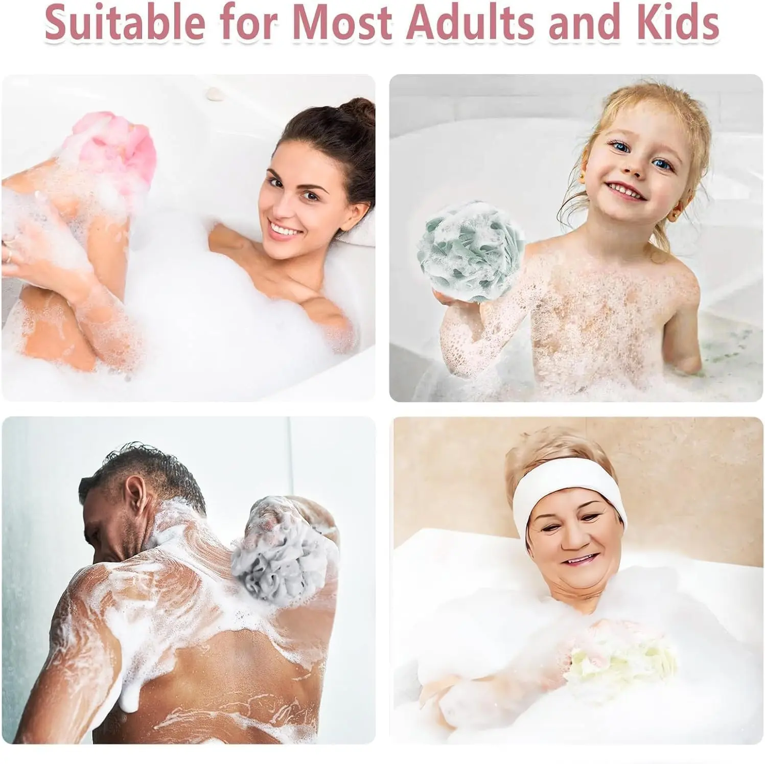 This is a 3 pack of MOMENT loofah bath sponges designed for exfoliating and cleansing the body, featuring soft mesh and long handles for easy use in the shower.