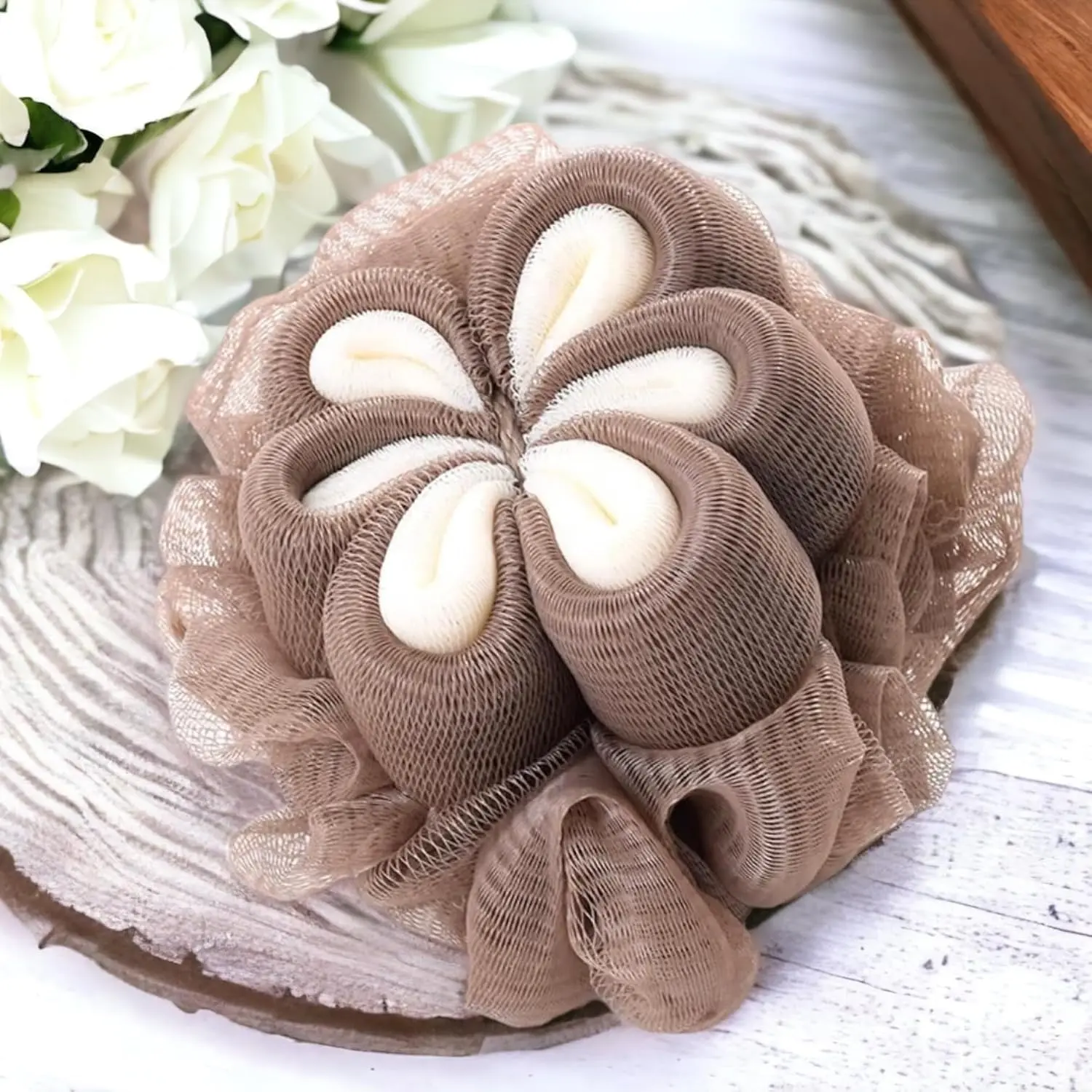 This is a 3 pack of MOMENT loofah bath sponges designed for exfoliating and cleansing the body, featuring soft mesh and long handles for easy use in the shower.