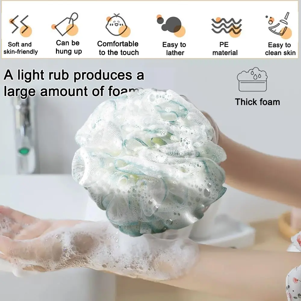 This image shows a three pack of colorful loofah sponges for shower and bath use.