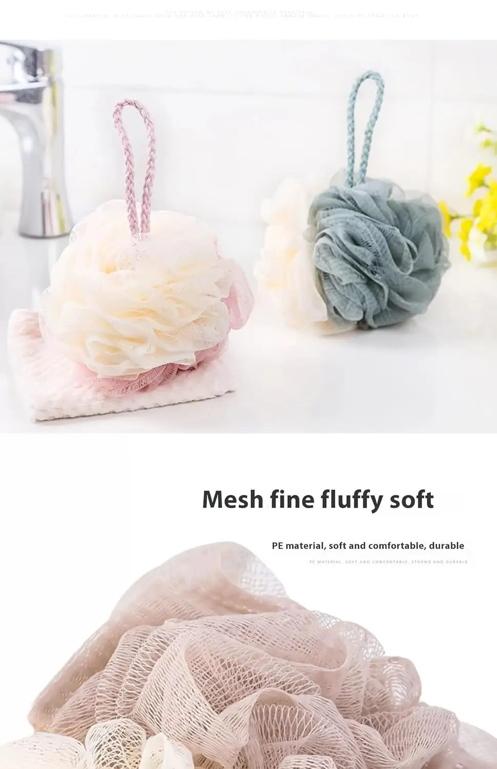 This image displays a four-pack of colorful luffa sponges, perfect for exfoliating in the shower or bath.