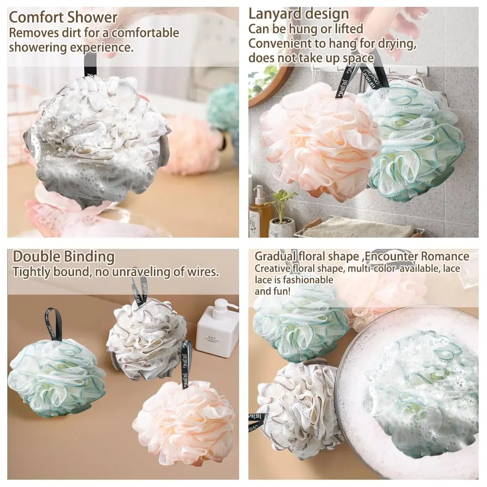 This image shows a three pack of colorful loofah sponges for shower and bath use.