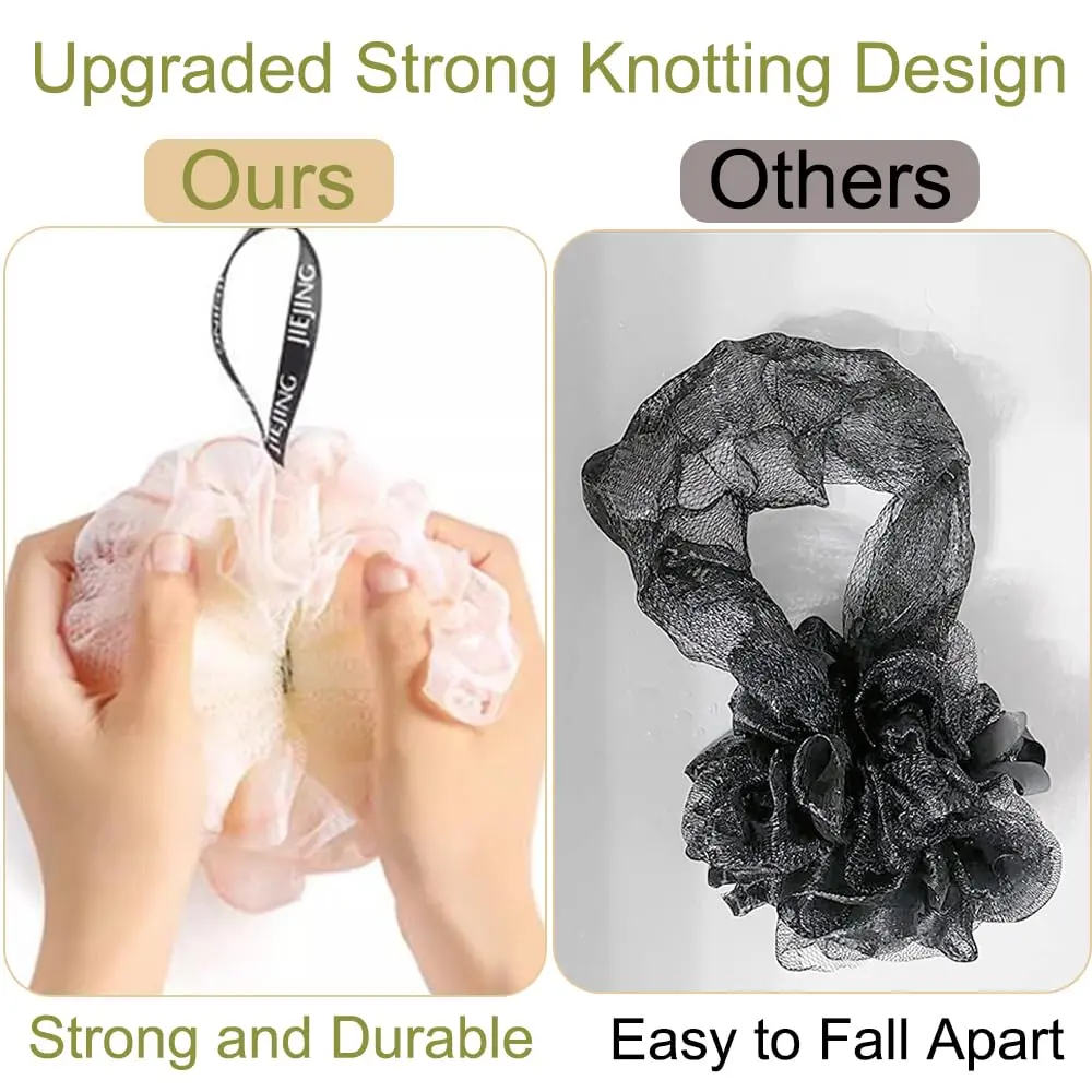 This image shows a three pack of colorful loofah sponges for shower and bath use.