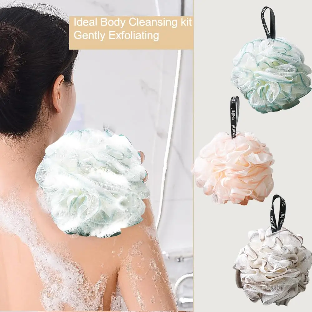 This image shows a three pack of colorful loofah sponges for shower and bath use.