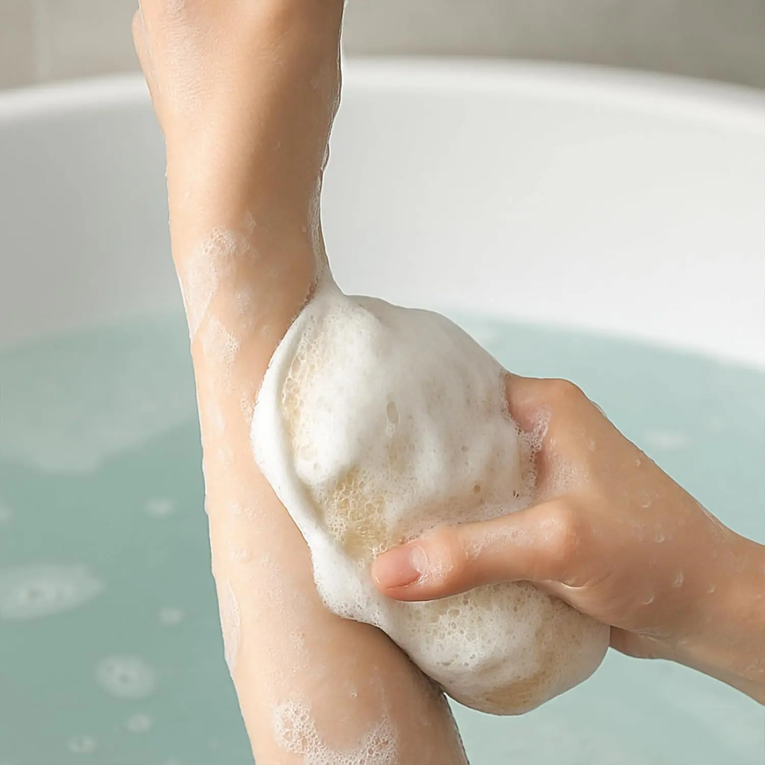 Two natural loofah sponges for women provide exfoliating body cleaning in the shower.