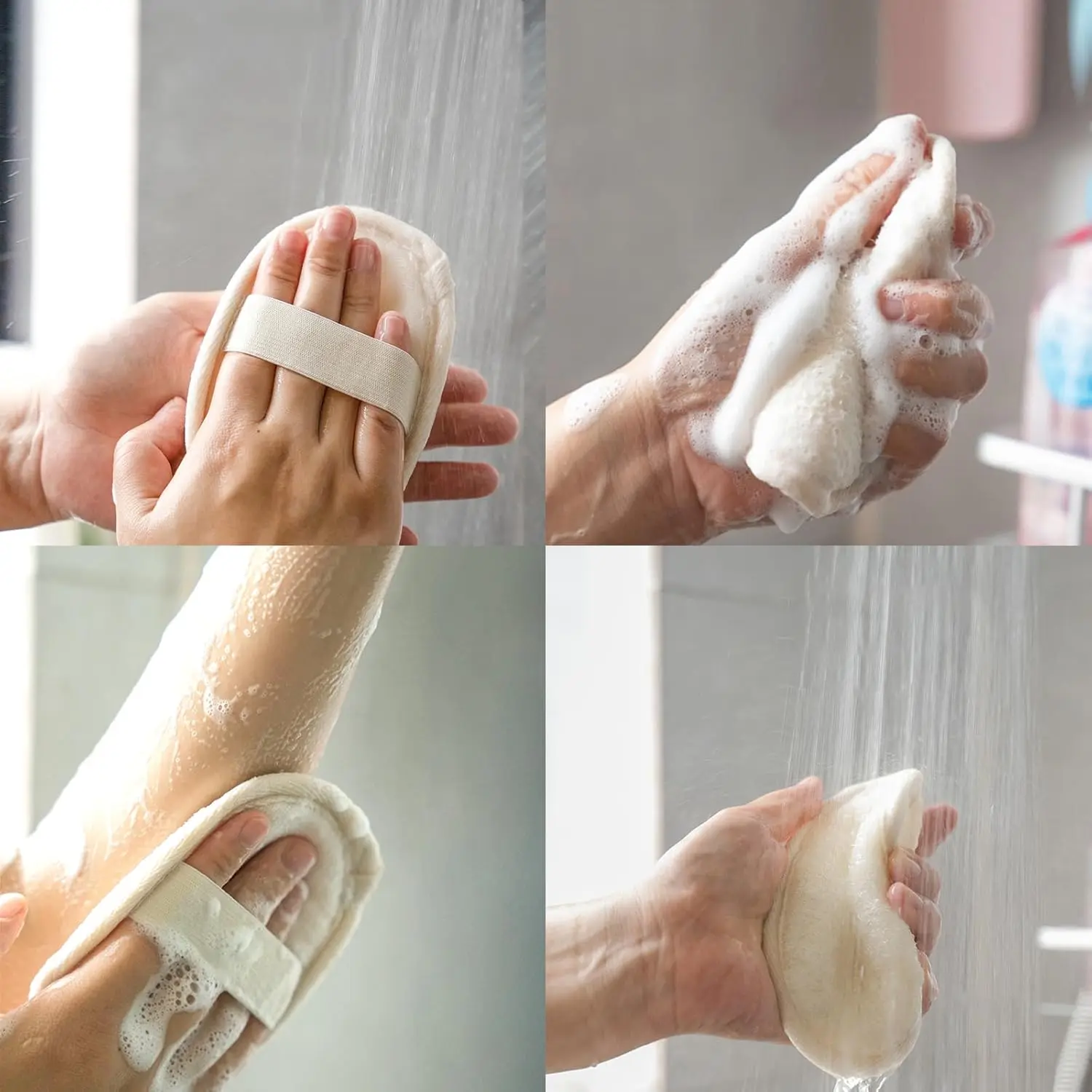 Two natural loofah sponges for women provide exfoliating body cleaning in the shower.