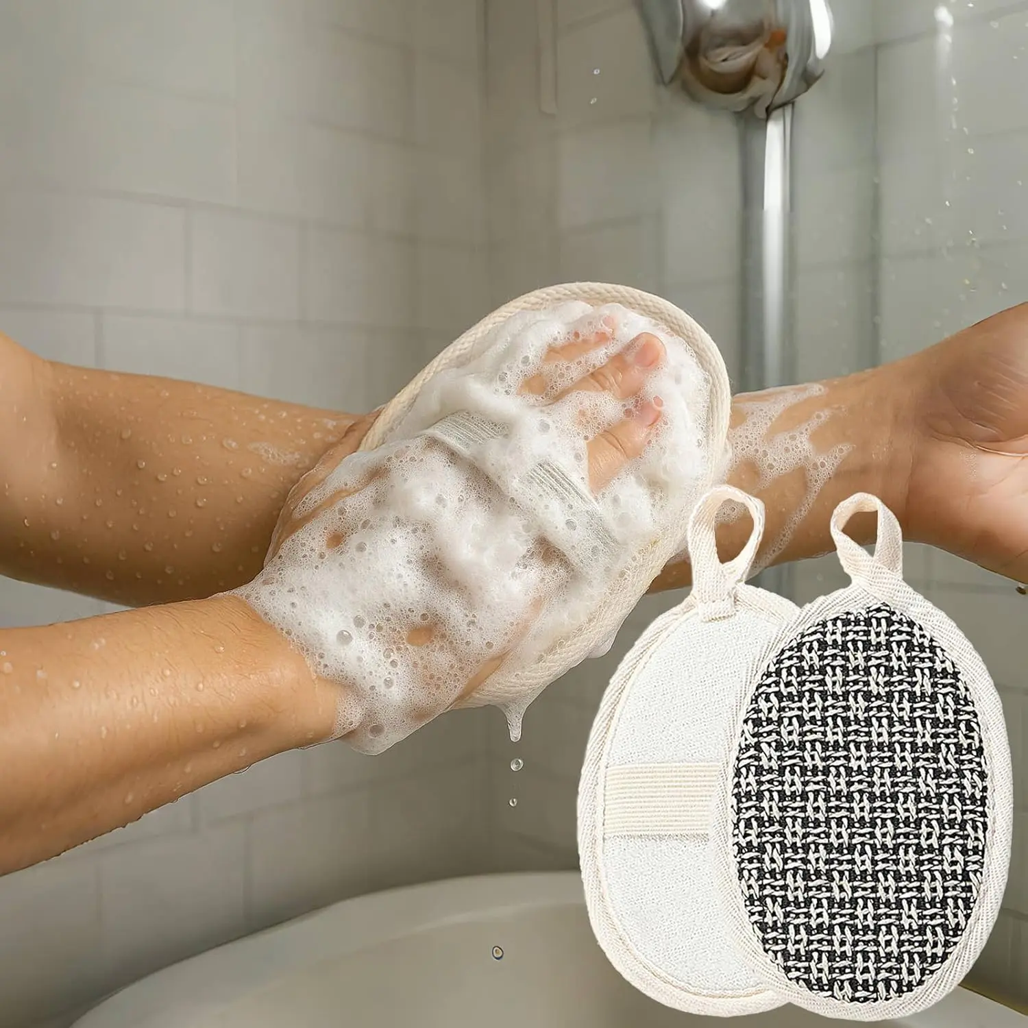 Two natural loofah sponges for women provide exfoliating body cleaning in the shower.