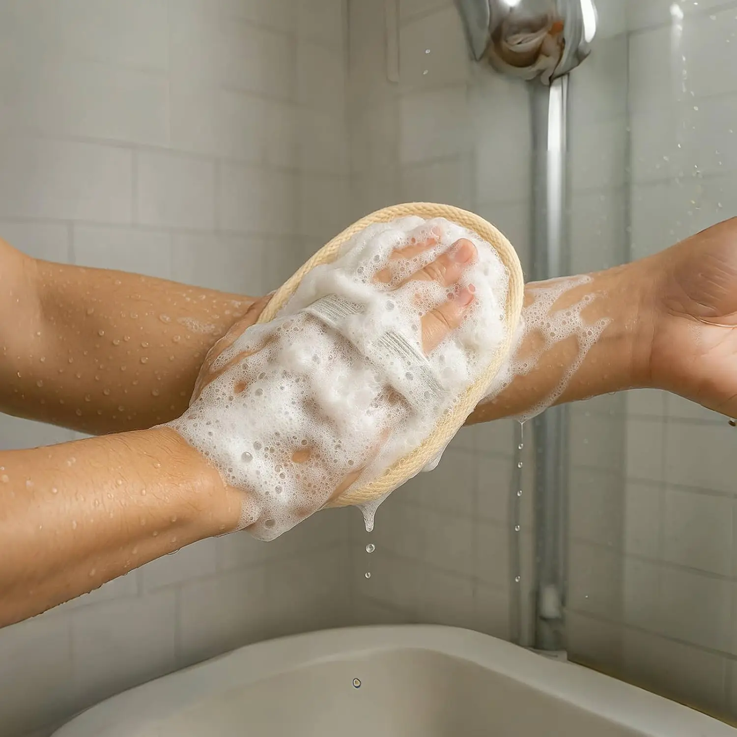Two natural loofah sponges for women provide exfoliating body cleaning in the shower.