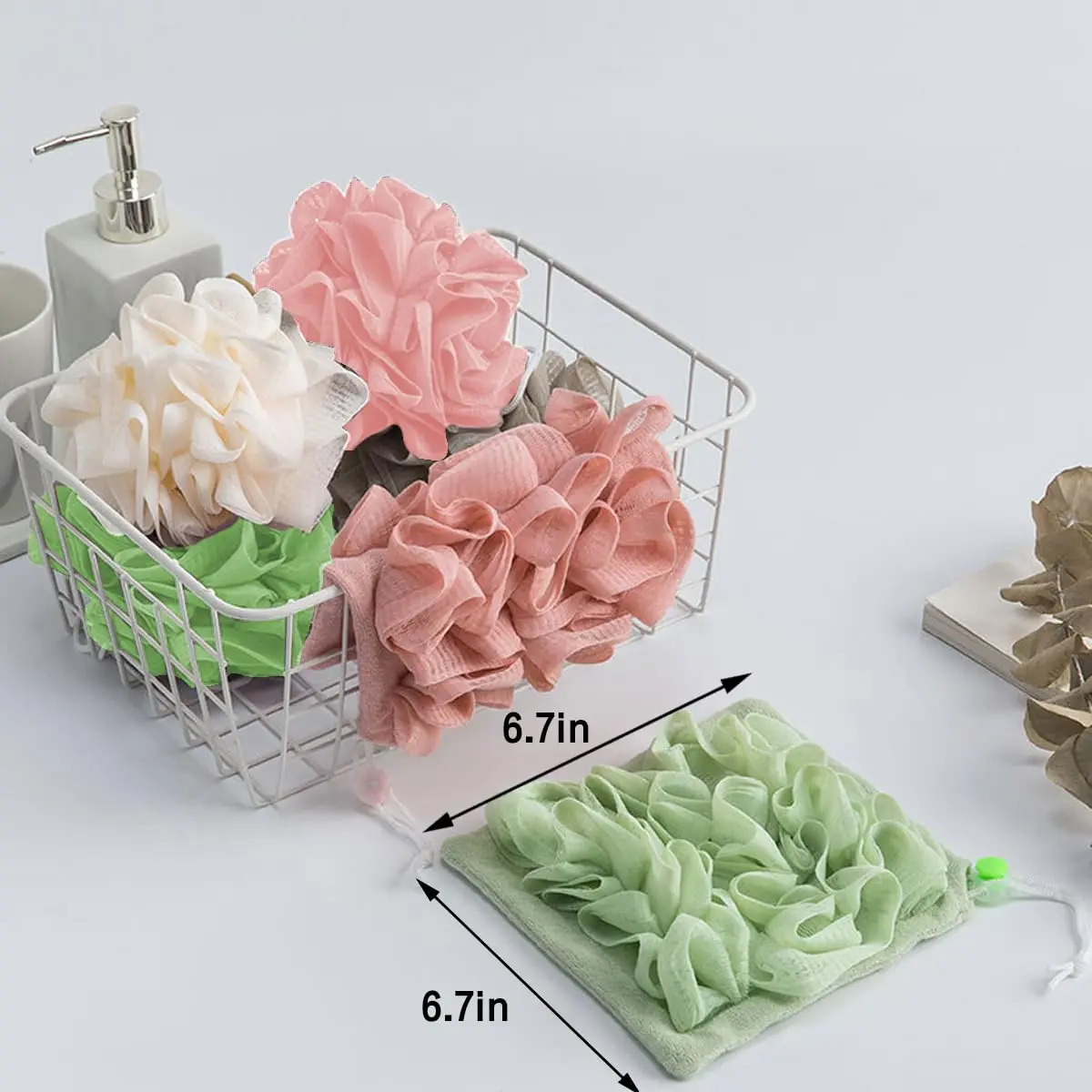 A green loofah washcloth and mesh shower ball are designed for exfoliating and cleansing with bar soap or body wash for smooth skin.