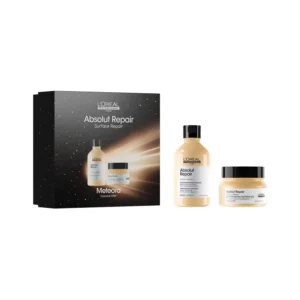 L'Oréal Professionnel Absolut Repair haircare gift set with protein and Omega-9 visibly repairs dry, damaged hair for intense shine and a softer texture.