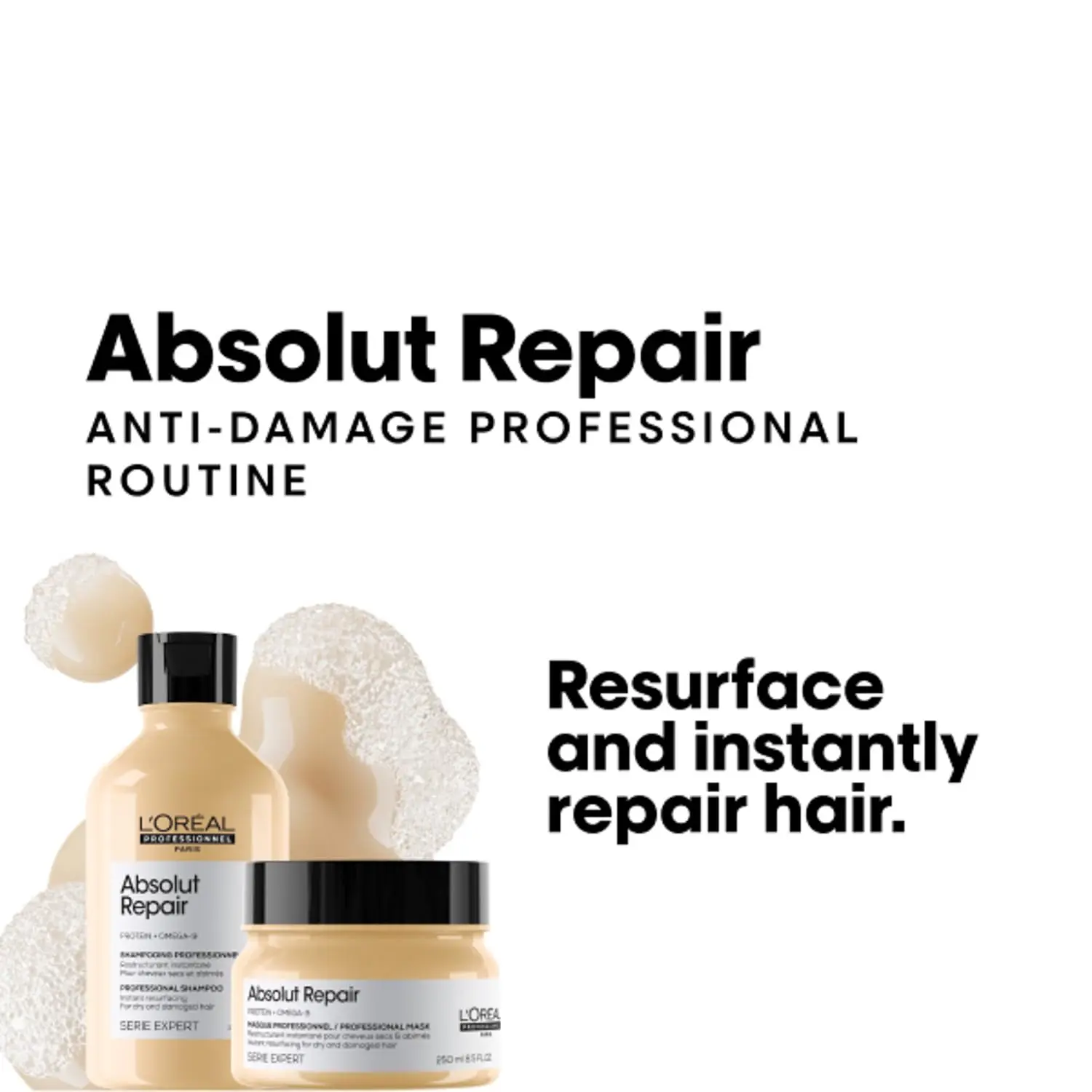 L'Oréal Professionnel Absolut Repair haircare gift set with protein and Omega-9 visibly repairs dry, damaged hair for intense shine and a softer texture.