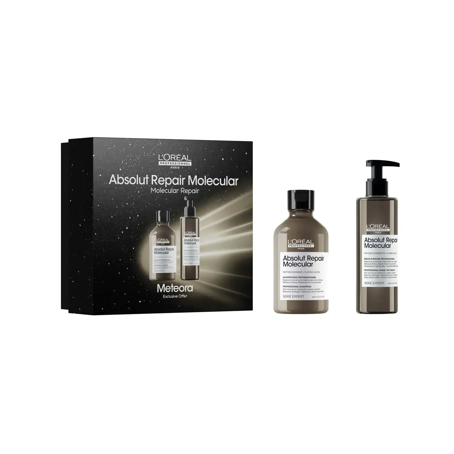 L'Oréal Professionnel Absolut Repair haircare gift set with protein and Omega-9 visibly repairs dry, damaged hair for intense shine and a softer texture.
