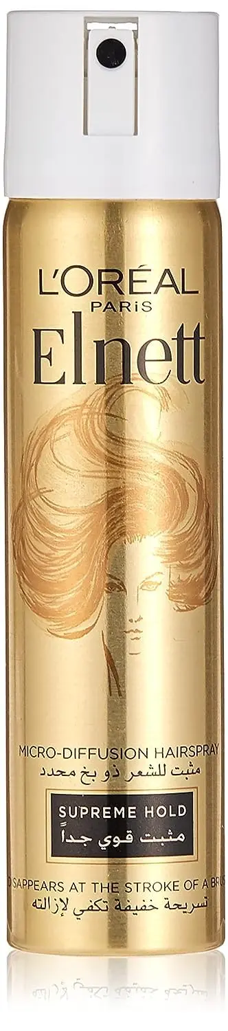 L'Oréal Paris Elnett hairspray providing extra strong, long-lasting hold with argan oil for weightless shine and smoothness.