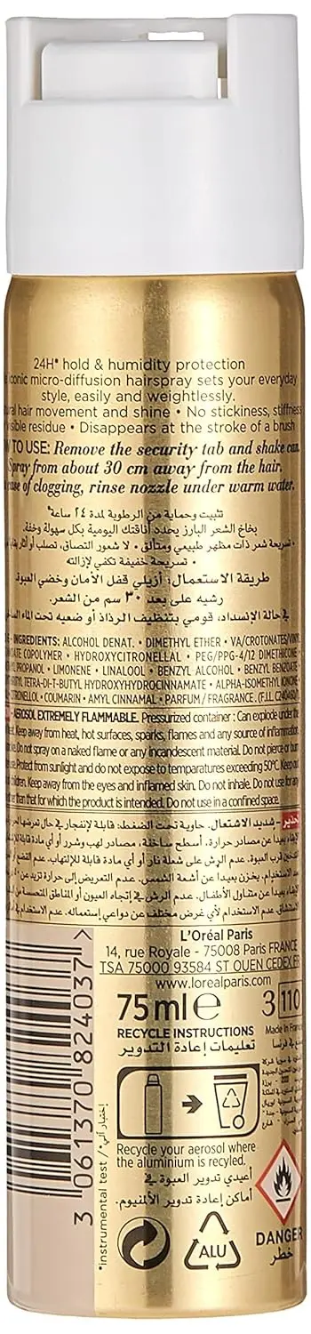 L'Oréal Paris Elnett hairspray providing extra strong, long-lasting hold with argan oil for weightless shine and smoothness.