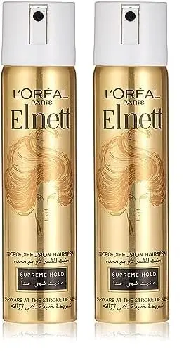 L'Oréal Paris Elnett hairspray providing extra strong, long-lasting hold with argan oil for weightless shine and smoothness.