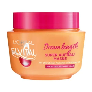 L'Oréal Paris Elvital Dream Lengths Super Building Mask is an intensive rinse out hair treatment designed for long, damaged hair to help protect against split ends and breakage, enriched with vegetable proteins, vitamins, and castor oil for stronger, healthier hair.