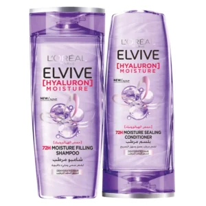 L'Oreal Paris Elvive Hyaluron Moisture shampoo and conditioner set for frizzy, dehydrated hair provides 72hrs of moisture, revitalized hair with no weighdown, and 10x more hydrated, 2x shinier hair.