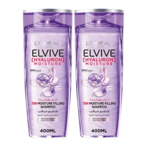 L’Oréal Paris Elvive Hyaluron Moisture shampoo twin pack deeply hydrates dry, dehydrated hair for 72 hours leaving it replumped, bouncy and shiny without weighing it down.