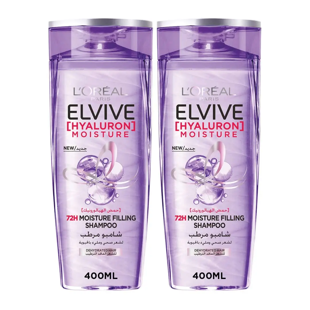L’Oréal Paris Elvive Hyaluron Moisture shampoo twin pack deeply hydrates dry, dehydrated hair for 72 hours leaving it replumped, bouncy and shiny without weighing it down.
