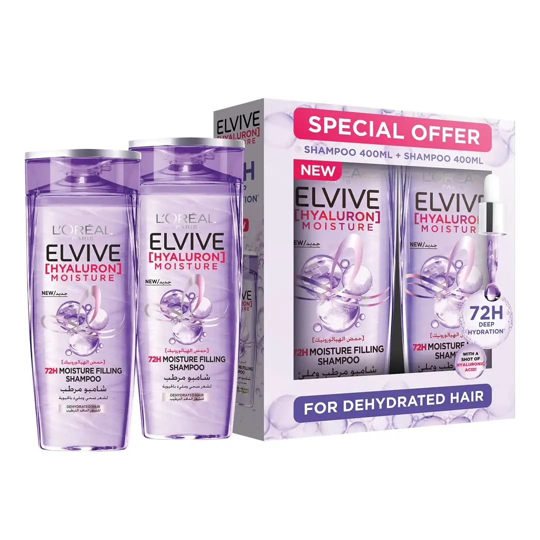 L’Oréal Paris Elvive Hyaluron Moisture shampoo twin pack deeply hydrates dry, dehydrated hair for 72 hours leaving it replumped, bouncy and shiny without weighing it down.