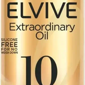L'Oreal Elvive Extraordinary Oil leave-in spray nourishes, styles, and protects dry, unmanageable hair, providing heat protection and anti-frizz benefits.