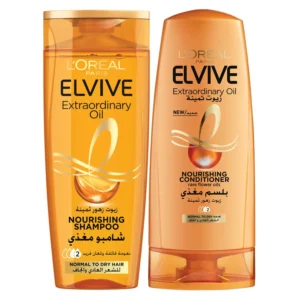 L'Oreal Elvive Extraordinary Oil shampoo and conditioner set for normal to dry hair, enriched with flower extracts for nourishing and soft results.