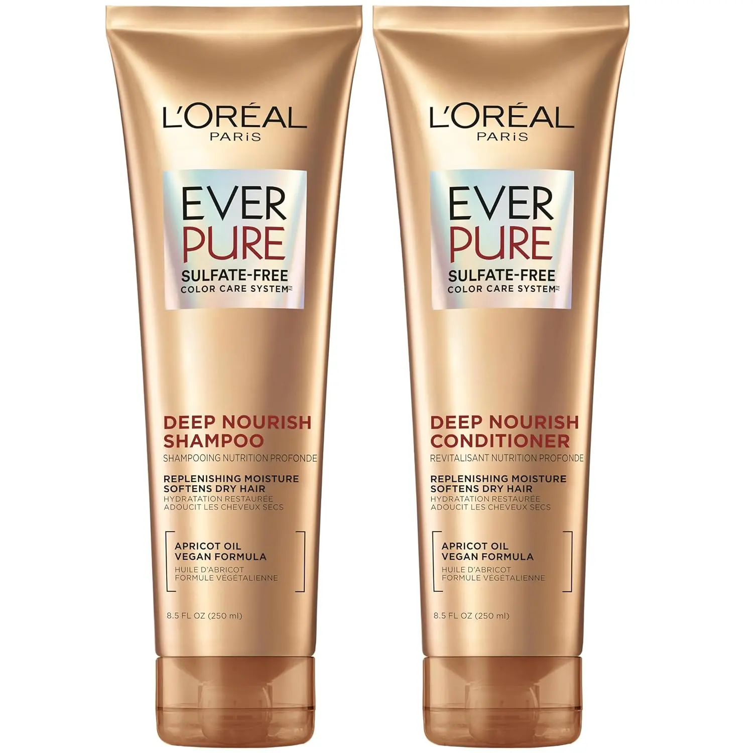 L'Oreal Paris EverCreme sulfate free shampoo and conditioner with apricot oil deeply nourishes and hydrates dry, brittle, or color-treated hair.
