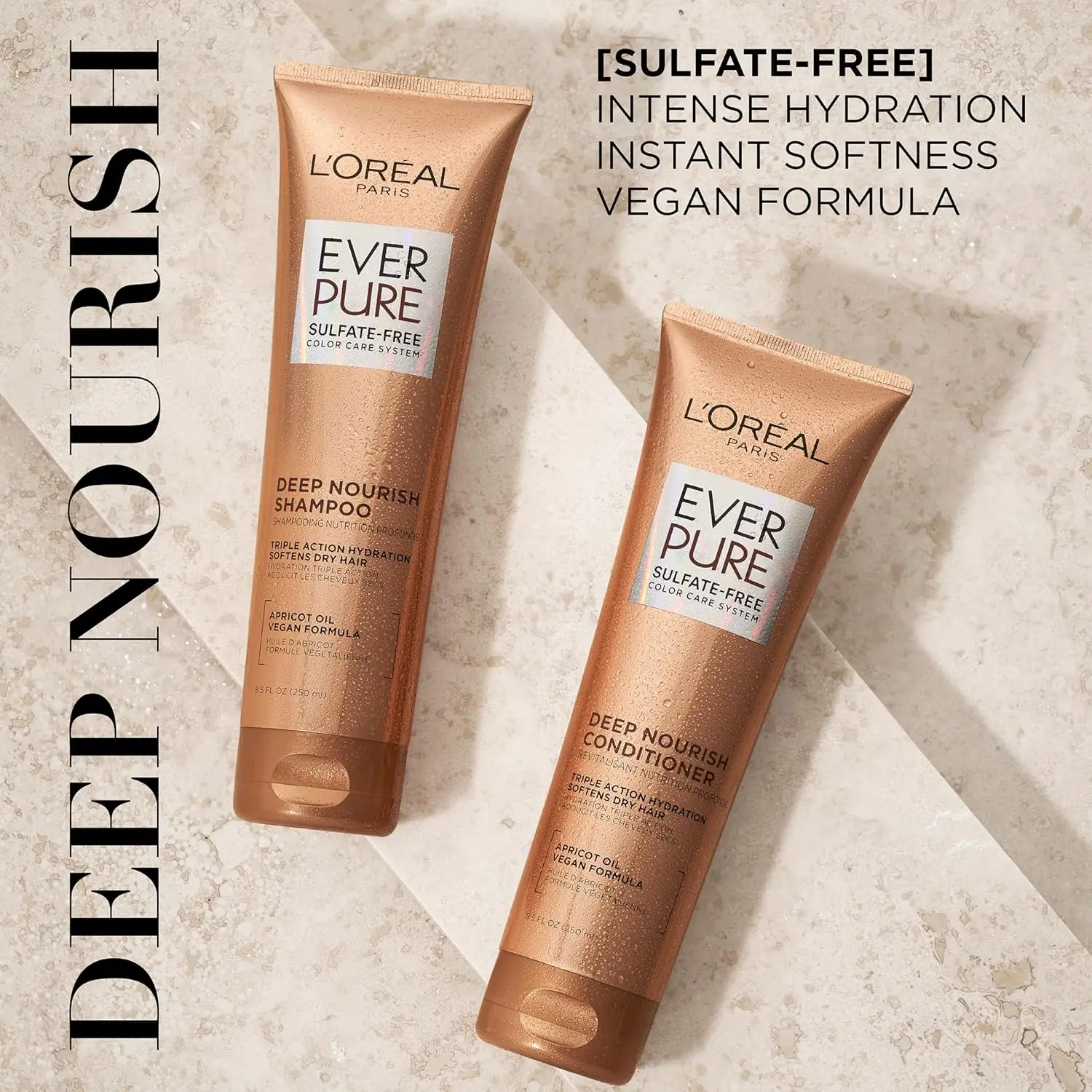 L'Oreal Paris EverCreme sulfate free shampoo and conditioner with apricot oil deeply nourishes and hydrates dry, brittle, or color-treated hair.